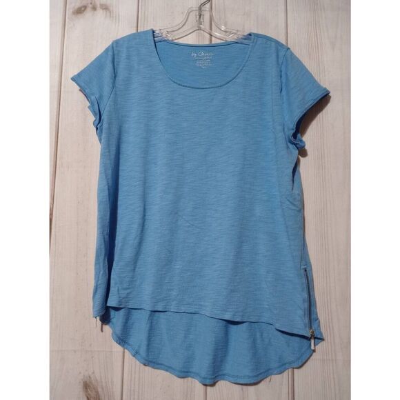 Chico's Shirt Ladies Large Chico's 2 Blue Zipper Tee Round‎ Neck Short Sleeve - Picture 1 of 7